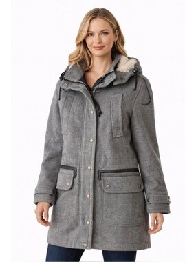 Coach Gray Quilted-Lined Wool Coat with Shearling Trim